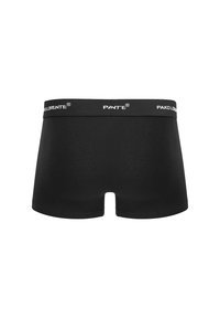 Czarne bokserki o gładkiej fakturze, z szeroką elastyczną talią z białym logo "PAKO LORENTE". Bez widocznych wzorów czy akcentów.