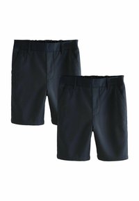 Pantaloni corti neri in tessuto intrecciato, con vita piatta, tasche frontali e una vestibilità su misura. Texture liscia e senza motivi visibili.