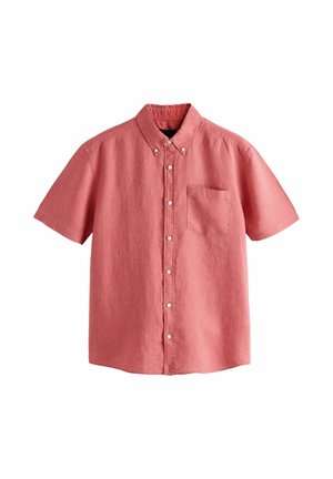 Short-sleeve, button-down pink shirt with a front chest pocket and buttoned collar, displayed on a white background.