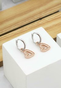 Orecchini a cerchio argentati con pendenti a forma di cuore in oro rosa, decorati con cristalli trasparenti, esposti su superfici bianche e in legno.