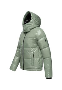 Padded bunda vo svetlozelenej farbe s lesklým povrchom, disponuje veľkou kapucňou, zipsovou vreckom a čiernymi zipsovými detailmi.