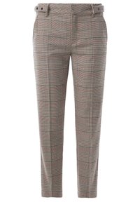 Pantalons slim avec un motif à carreaux beige, noir et rouge, passants de ceinture et avant plat, présentés sur fond blanc.