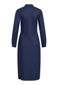 Robe midi bleu marine à manches longues avec col et poignets boutonnés, vue de dos sur fond blanc uni.