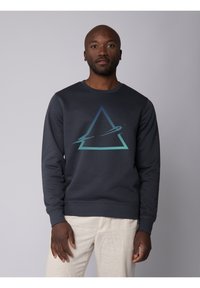 Marineblauer Sweatshirt aus weichem Stoff, verziert mit einem großen hellblauen dreieckigen Grafikdesign mit planetarischem Motiv. Enganliegende Bündchen und Saum.