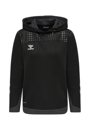Schwarzer Sport-Kapuzenpullover mit reflektierendem Punktmuster auf der Brust, hummel-Logo auf der linken Brustseite und kontrastierenden grauen Bündchen und Saum.