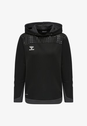 Schwarzer Sport-Kapuzenpullover mit reflektierendem Punktmuster auf der Brust, hummel-Logo auf der linken Brustseite und kontrastierenden grauen Bündchen und Saum.