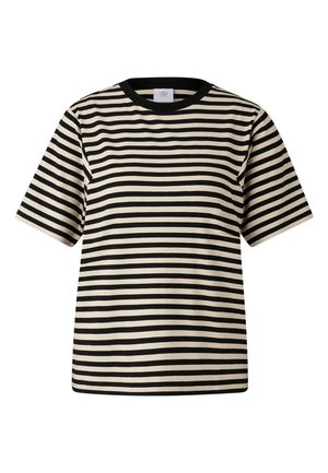 Gestreept T-shirt in crèmekleur en zwart, gemaakt van zachte stof. Voorzien van korte mouwen, een ronde hals en horizontale strepen van gelijke breedte.