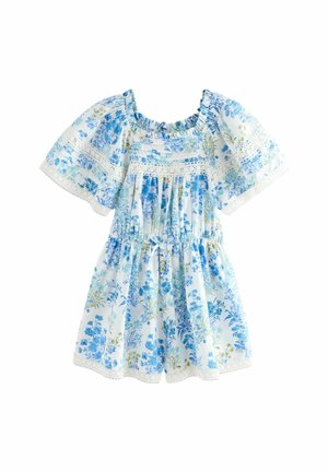 Bloemenprint jurk met blauwe en groene ontwerpen op een witte achtergrond. Inclusief puffmouwen en kantafwerking langs de halslijn en zoom.