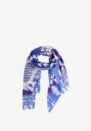 Blauw-witte sjaal met bloem- en geometrische patronen, los opgevouwen met de uiteinden naar beneden hangend.