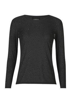 Zwart langarmig shirt met kleine verspreide perforaties, ronde hals en een aansluitende pasvorm.