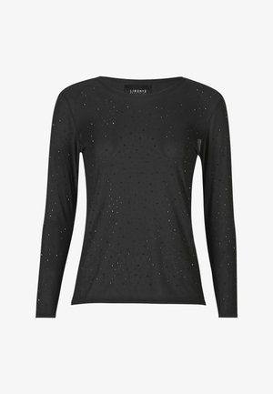 Schwarzes langärmeliges Oberteil mit kleinen verstreuten Löchern, Rundhalsausschnitt und figurbetonter Silhouette.