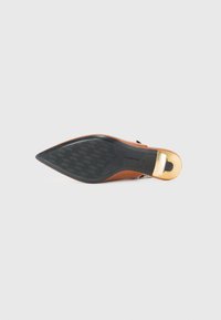 Chaussure en cuir brun avec un bout pointu, semelle texturée noire et accent doré au talon. Comprend une boucle décorative et une finition lisse.