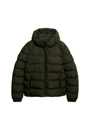 Knee-length puffer jacket in dark green, quilted design, zippered pockets, and a high collar with a fitted hood. Smooth, glossy texture.