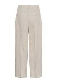 Pantalon large en lin beige avec passants pour ceinture et deux poches passepoilées à l'arrière, vu de dos.
