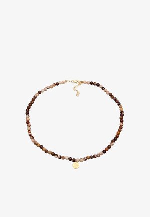 Perlenkette mit runden Steinen in Brauntönen und Beige, ausgestattet mit einem kleinen goldfarbenen Anhänger und einem Karabinerverschluss.