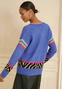 Zils džemperis ar rozā, zaļām un melnām svītrām; melna un bēša zebra raksts apakšā; mīksta tekstūra; arapa dizains; garas piedurknes.