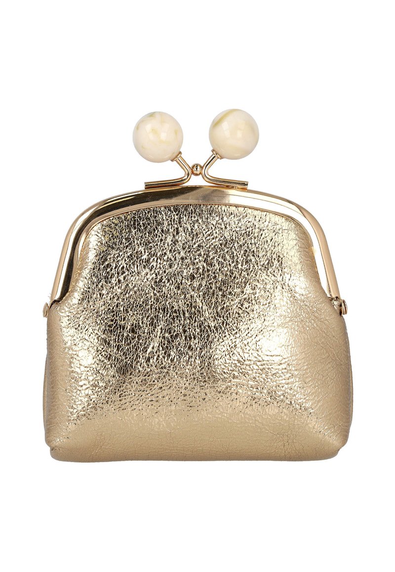 Monedero metálico dorado con acabado texturizado, que cuenta con un cierre de broche y dos pomos redondos de color marfil en la parte superior.