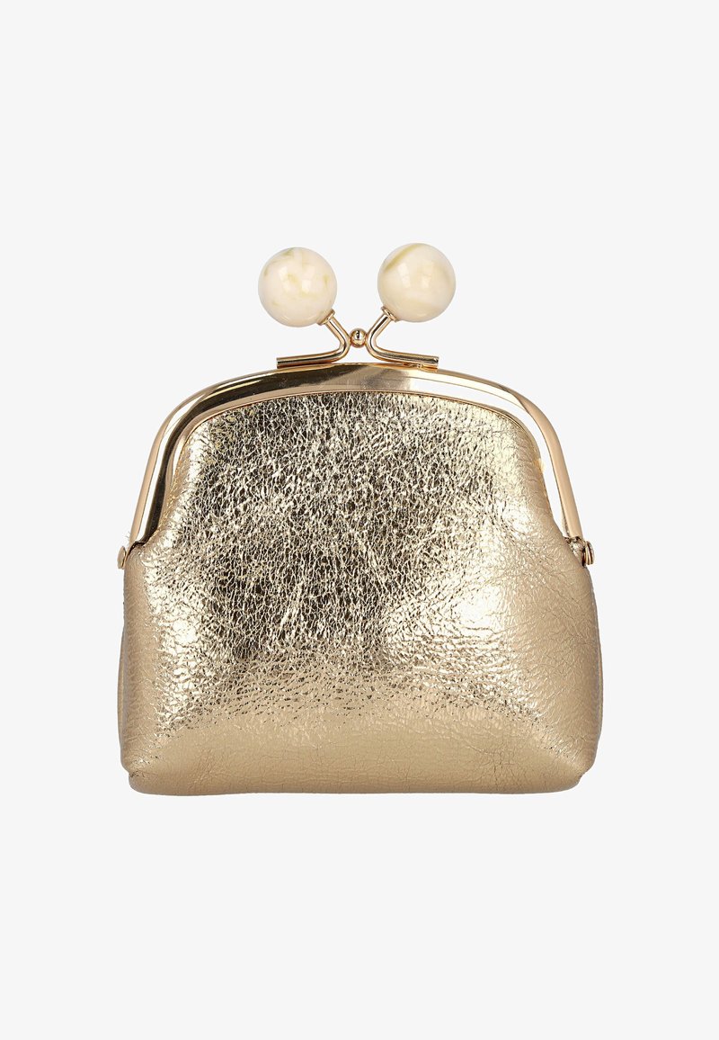 Monedero metálico dorado con acabado texturizado, que cuenta con un cierre de broche y dos pomos redondos de color marfil en la parte superior.