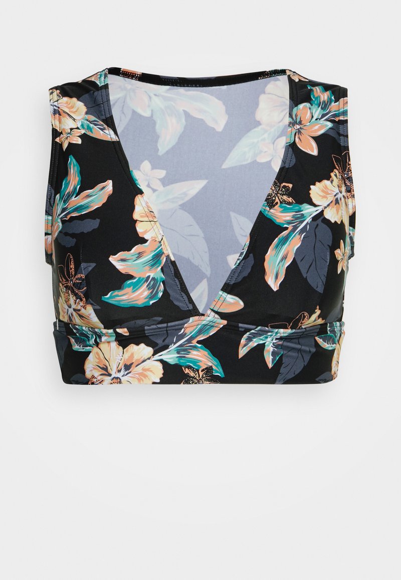 Florale bralette in het zwart met teal en perzik bloemetjes. Heeft een diepe V-hals en een zachte, rekbare stof voor comfort.
