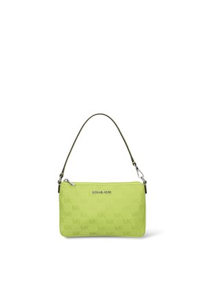 Piccola borsa a mano rettangolare verde lime con tracolla singola, cerniera argento e delicato motivo "MK" in rilievo su tutta la superficie.