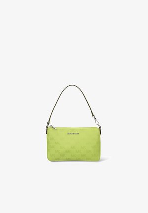 Small rectangular lime green handbag with single strap, silver zipper, and subtle embossed "MK" pattern across surface.