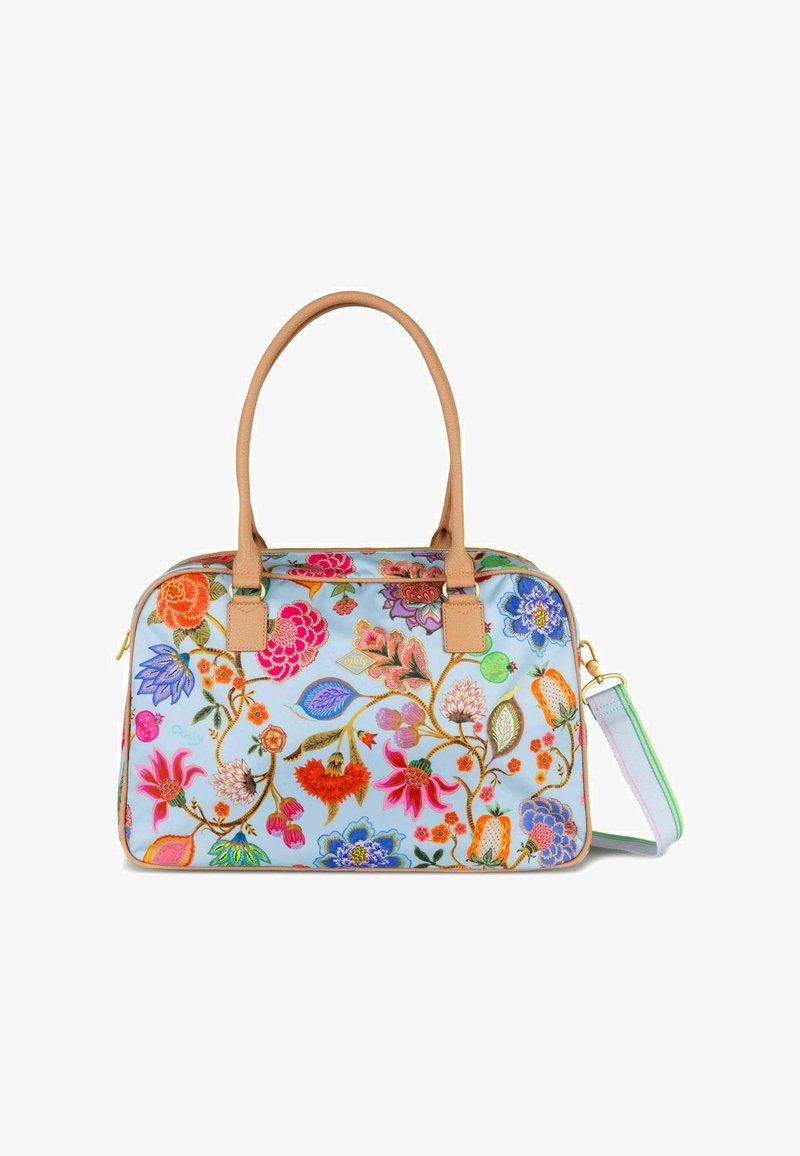 Bloemenhandtas met een lichtblauwe achtergrond, versierd met kleurrijke geborduurde bloemen en beige handvatten. Inclusief een afneembare schouderriem en gouden accenten.