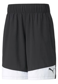 Bermudas deportivas negras con cintura elástica y borde blanco en la parte inferior, que cuentan con un pequeño logo de Puma en la pierna izquierda.