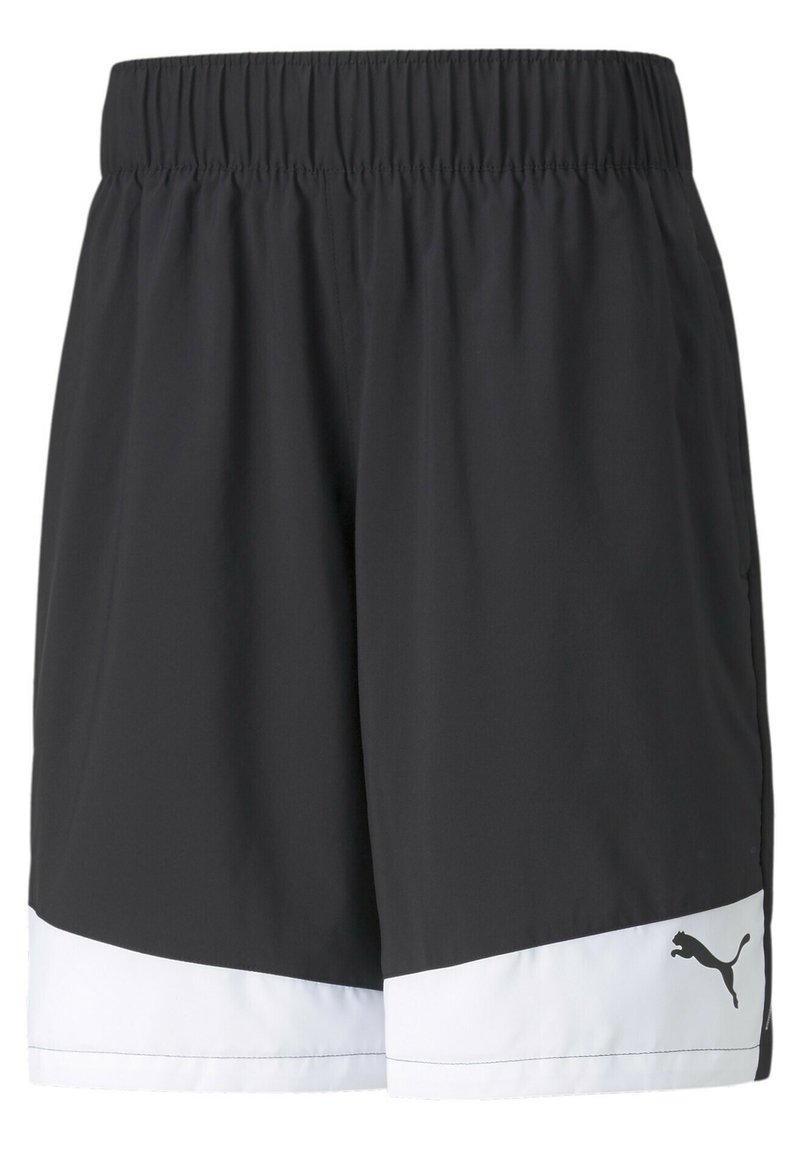Bermudas deportivas negras con cintura elástica y borde blanco en la parte inferior, que cuentan con un pequeño logo de Puma en la pierna izquierda.