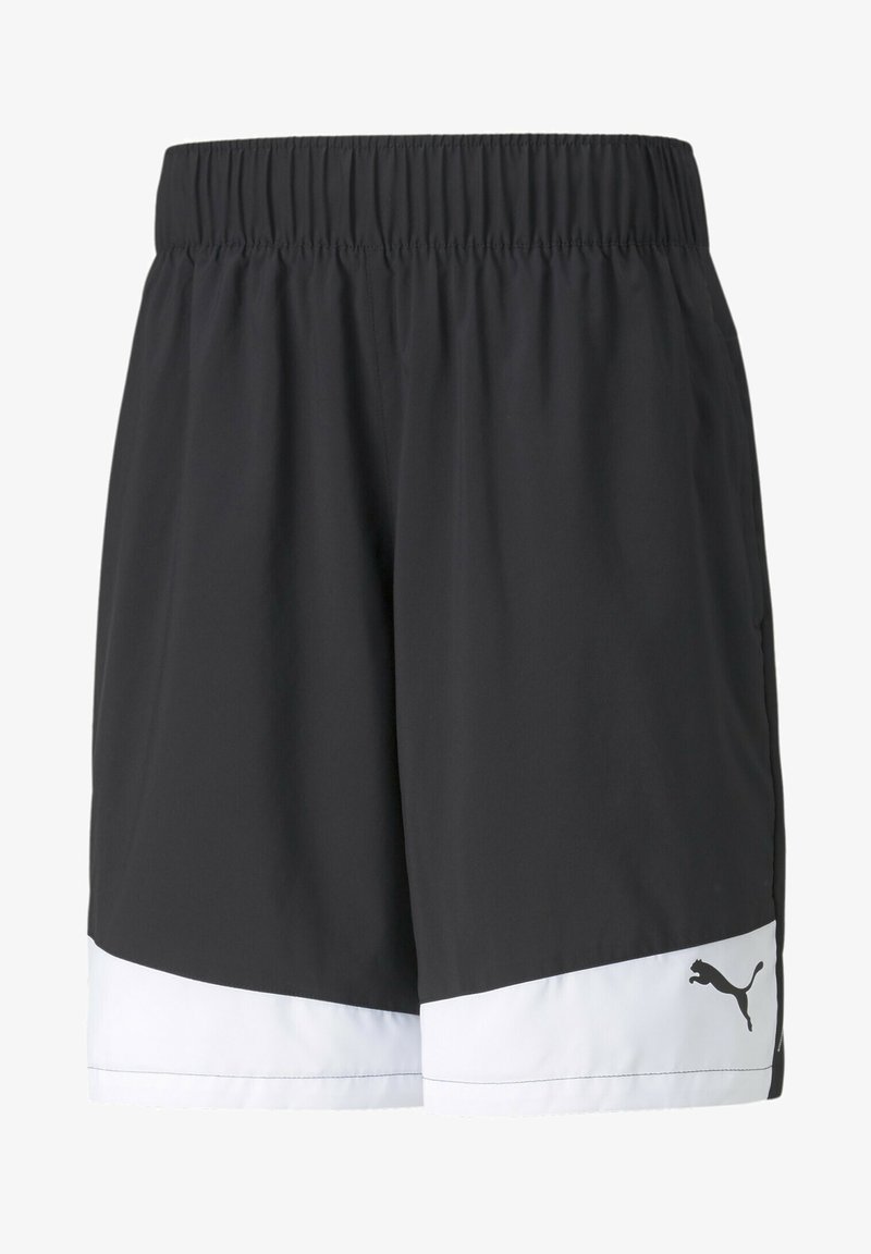 Black athletic shorts with elastic waistband and white trim at the bottom featuring a small Puma logo on the left leg.