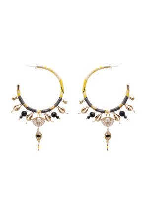 Pair of hoop earrings wrapped in yellow and gray thread, featuring gold shells, black beads, and pearl and eye-shaped charms.