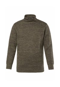 Jersey de cuello alto de punto en verde oliva para hombre, con puños y dobladillo acanalados, que presenta una textura ligeramente jaspeada.