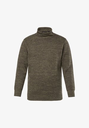 Men's olive green knitted turtleneck sweater with ribbed cuffs and hem, featuring a slightly marled texture.