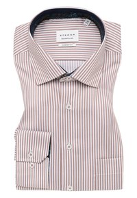 Gestreepte shirt in bruin en wit met een comfortabele pasvorm. Bevat een contrasterende donkere bloemenvoering bij de kraag, knoopsluiting aan de voorkant en Franse mouwen.