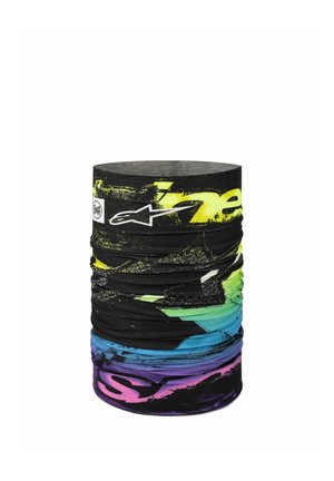 Scaldacollo tubolare nero multicolore con motivi astratti gialli, verdi, blu e viola e patch logo bianchi.