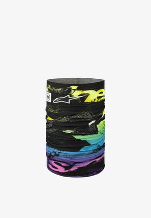 Scaldacollo tubolare nero multicolore con motivi astratti gialli, verdi, blu e viola e patch logo bianchi.