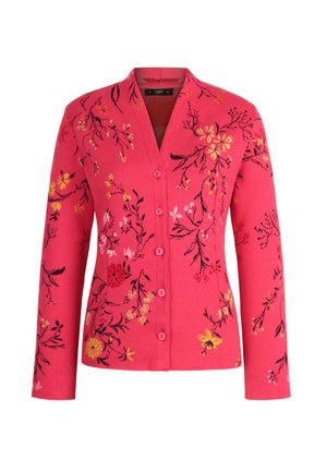 Ružový zapínací kardigán s dlhými rukávmi, zdobený kvetinovým vzorom vo farbách žltej, čiernej a svetloružovej na vetvičkách a kvietkoch.