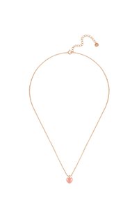 Collana a catena color oro con un piccolo ciondolo a forma di cuore rosa, dotata di moschettone regolabile e delicate maglie.