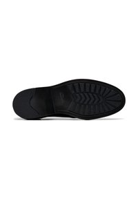 Black shoe sole with textured rubber for grip, featuring a herringbone pattern. Smooth edges with a slight curve at the toe area.