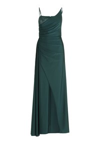 Langes smaragdgrünes Kleid mit Spaghetti-Trägern, drapiertem Design, subtiler Glanz und einem seitlichen Schlitz, mit einem strukturierten Oberteil und Verzierungen.