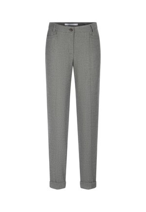 Grey tailored straight-leg trousers with cuffed hems, front button, and pockets on a white background.
