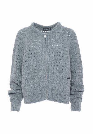 Gray knitted cardigan with a textured pattern, zip closure, and ribbed cuffs and hem. Features two front pockets and a round neckline.