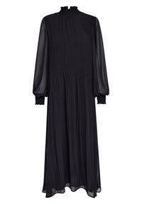 Černé midi šaty s vysokým nařaseným límcem, dlouhými průsvitnými rukávy a texturovanou látkou s volným střihem.