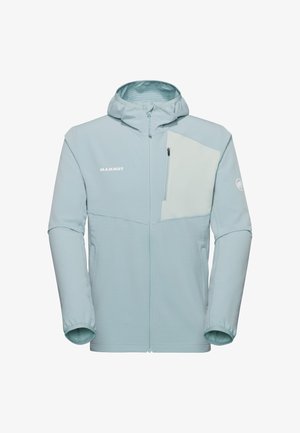 Veste à capuche bleu clair avec fermeture éclair avant, poche poitrine contrastante avec fermeture éclair, et logos Mammut sur la poitrine et la manche.