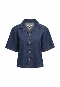 Giacca di jeans blu scuro a maniche corte con colletto, chiusura a cinque bottoni e dettagli di cucitura visibili. Vestibilità casual oversize.