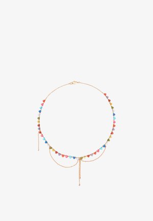 Złoty naszyjnik z łańcuszkiem ozdobionym małymi, wielokolorowymi koralikami w kształcie serca równomiernie rozmieszczonymi na łańcuszku oraz regulowanym zapięciem.