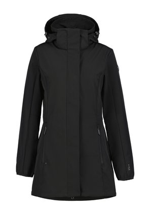 Chaqueta negra larga de invierno con capucha, cremallera frontal cubierta por solapa y bolsillos laterales con cremallera.