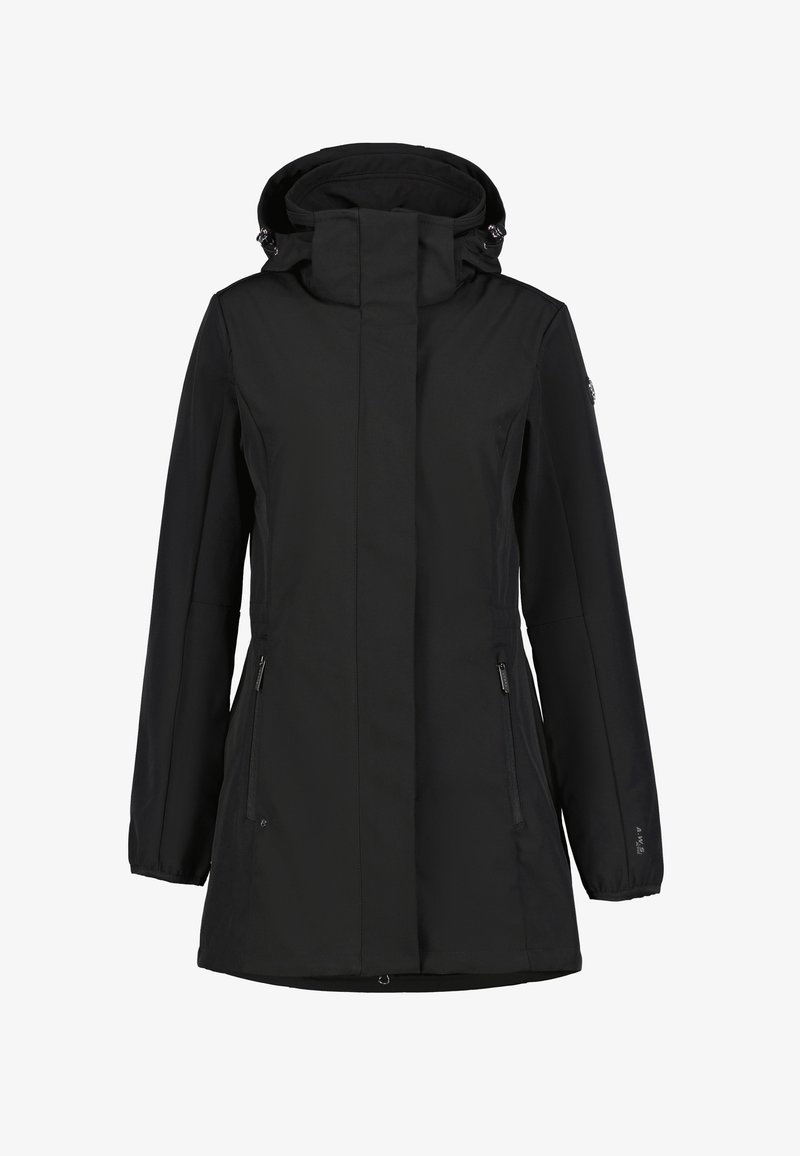 Chaqueta negra larga de invierno con capucha, cremallera frontal cubierta por solapa y bolsillos laterales con cremallera.