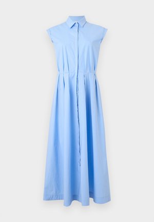 Svijetloplava, bez rukava, košulja-haljina na kopčanje s ovratnikom i plisiranom suknjom, prikazana na jednobojnoj pozadini.