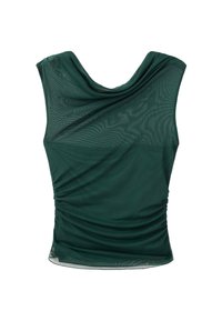 Dark green fitted top made of lightweight fabric. Features a draped neckline and gathered sides for texture.  Short sleeves, no visible fasteners.