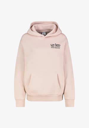 Helle rosa Kapuzenjacke aus weichem Material, mit einer Kängurutasche, gerippten Bündchen und einem grafischen Druck auf der Brust mit Text.